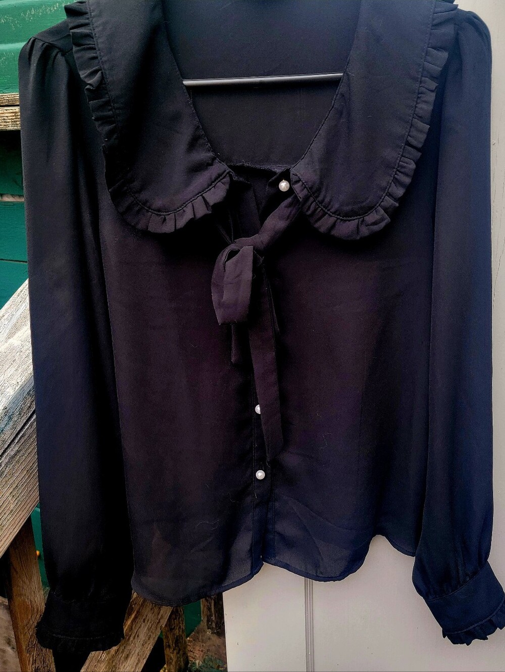 Black Ruffle Collar Tie-Neck Blouse Womens Sz Med